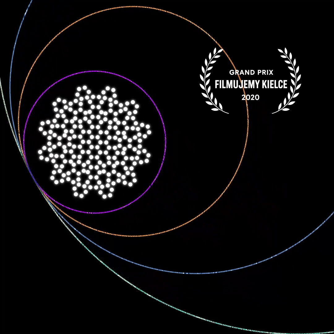 Abstract composition of glowing circles and dots on a black background