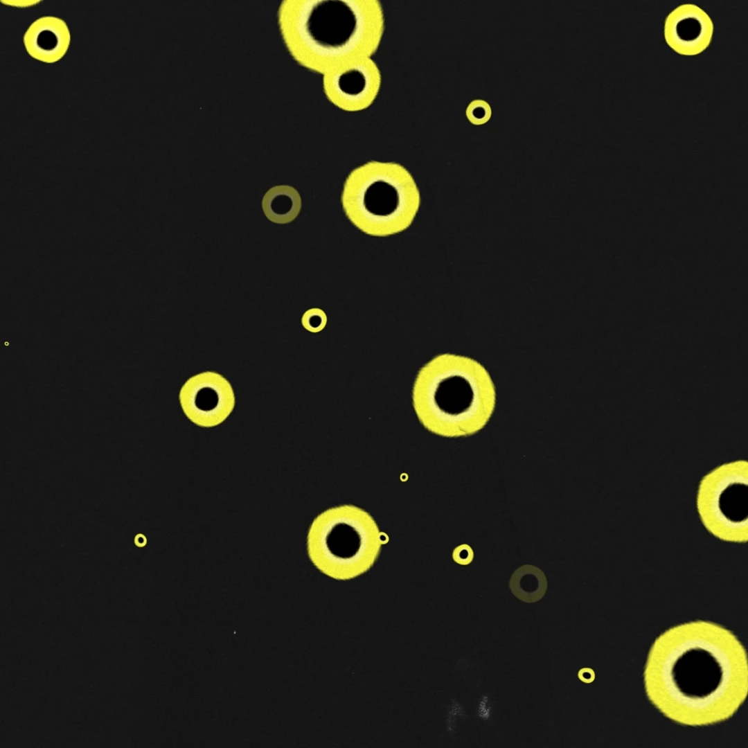 Abstract composition of yellow rings on a black background